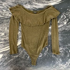 Express Women’s Ruffle Ribbed Dark Olive Green Thong Bodysuit S